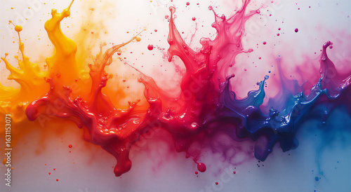 Dynamic fluid art piece featuring intermingling splashes of vibrant colors, contrasting bold with soft hues, forming abstract patterns inspired by paint splashes and ink droplets. Shot using a diffuse