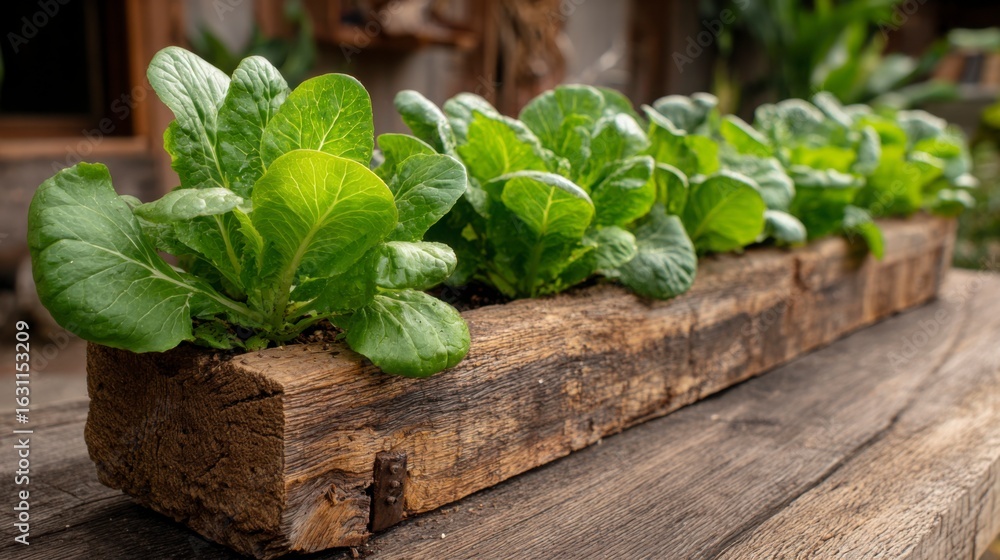 Fototapeta premium A row of leafy green vegetables growing in a homemade raised planter made from reclaimed wood
