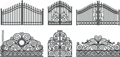 Decorative wrought iron gates and fence elements set, elegant vintage black gate tops and ornate entrance fence vector illustrations.