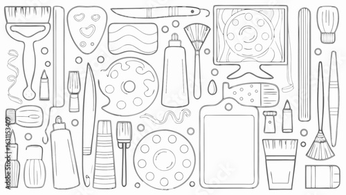 Detailed line art illustration showcasing a variety of art supplies and tools arranged together nicely silhouette