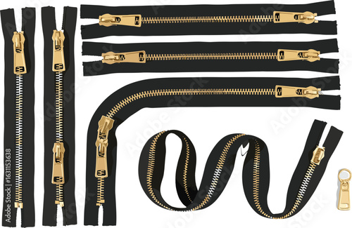 Black and gold zippers, CAD vector drawing, fashion accessories, zipper variations, flat illustration, sewing elements, technical sketch, zipper types