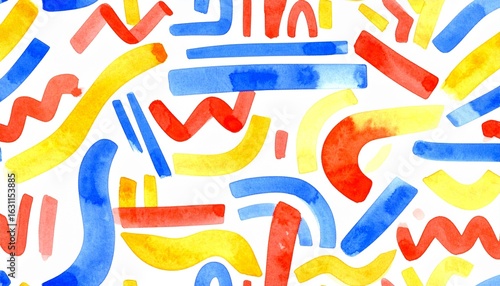 Generated image of Watercolor seamless pattern, abstract Memphis fashion style, bright design, repeating background. Hand-painted modern brush shapes.	

