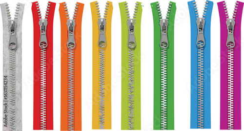 Colorful zippers, flat vector illustration, CAD drawing, fashion design elements, sewing accessories, zipper collection, vector art, zipper styles, zipper graphics