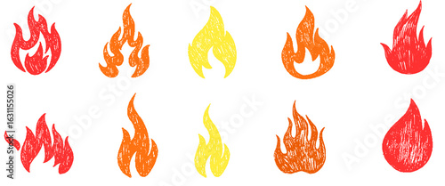 Fire flame icon. Crayon vector logo. Hot fire on white background. Flame simple illustration. Graphic heat symbol. Abstract silhouette, hell element clipart. Red stroke shape. Scribble punk pastel art