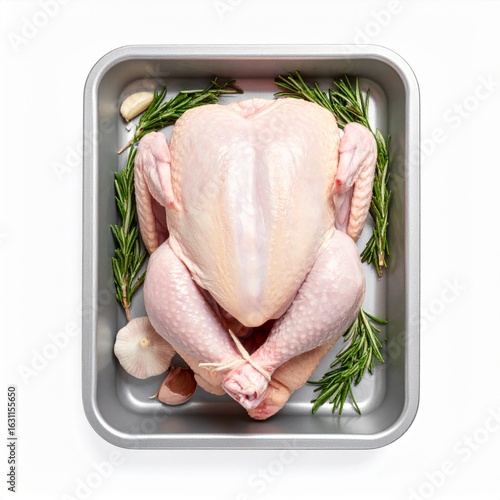 Uncooked Whole Chicken with Rosemary and Garlic on Aluminum Tray in White Background