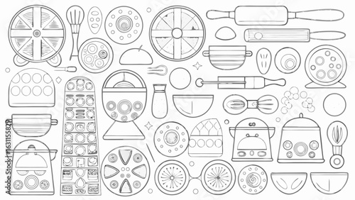 Illustration of various kitchen utensils and cooking equipment in a monochrome line art style display artfully silhouette