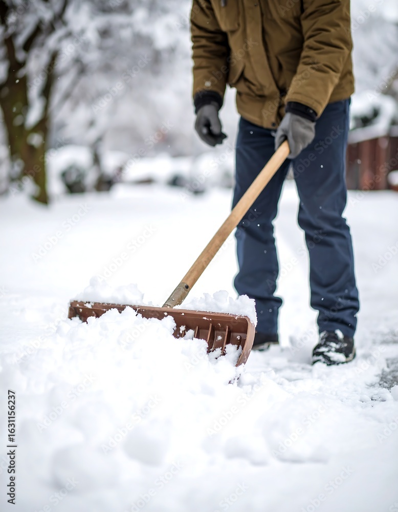 Naklejka premium Person shovelling snow from a driveway during a winter storm