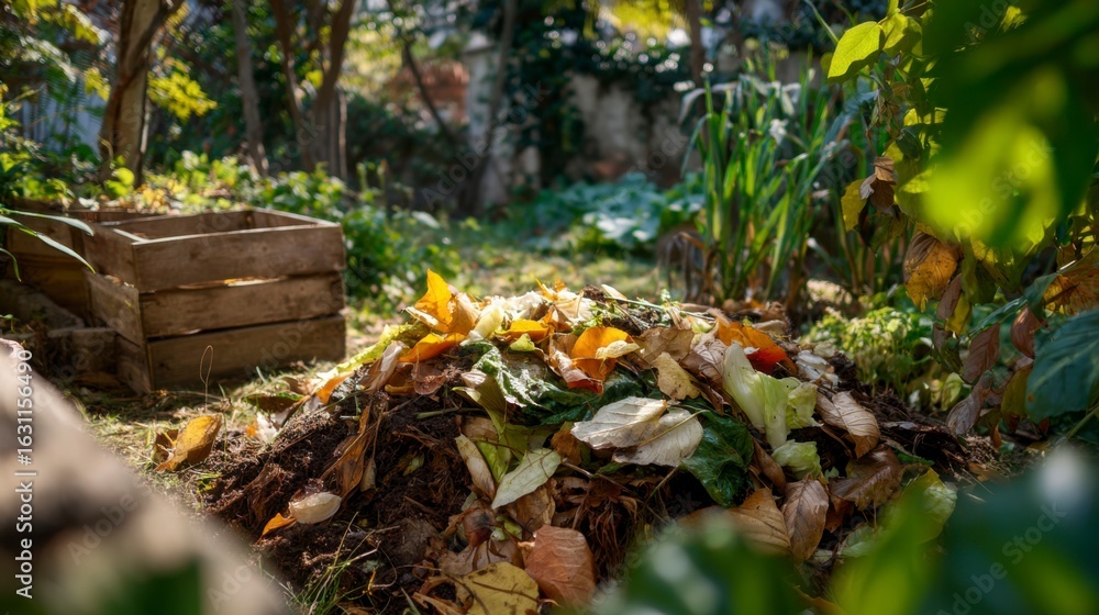 Obraz premium Compost pile made of kitchen scraps and dry leaves in a sunny corner of a backyard garden 