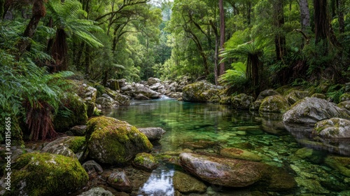 Crystal-clear river flowing through a dense rainforest, surrounded by vibrant green ferns and moss-covered rocks 