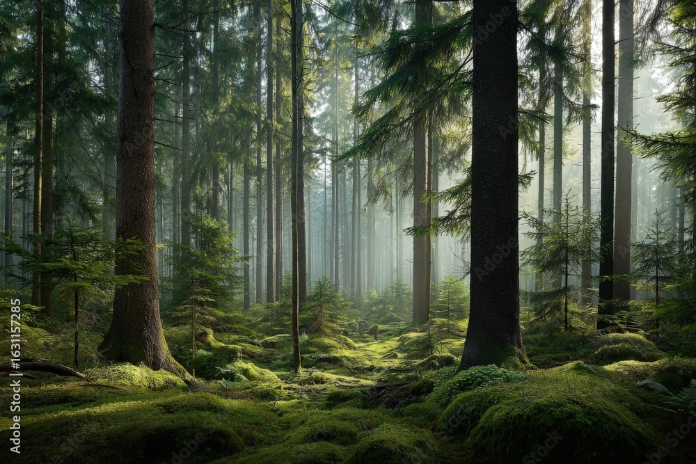 Naklejka premium Lush Green Forest Landscape with Sunlight Filtering Through Trees, Creating a Mystical and Serene Atmosphere