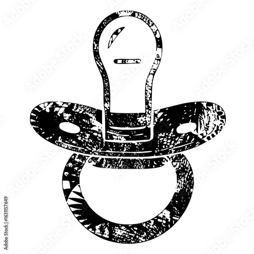 Vector Distressed monochrome of a baby pacifier.