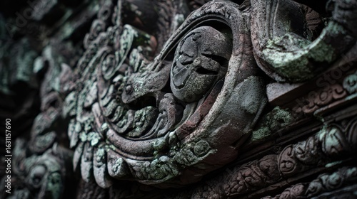 Intricate carvings on a weathered stone structure.