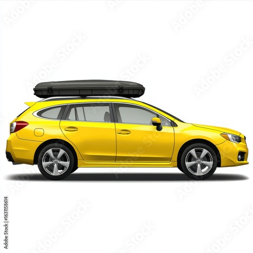 Yellow Station Wagon with Black Cargo Carrier on White Background Profile View