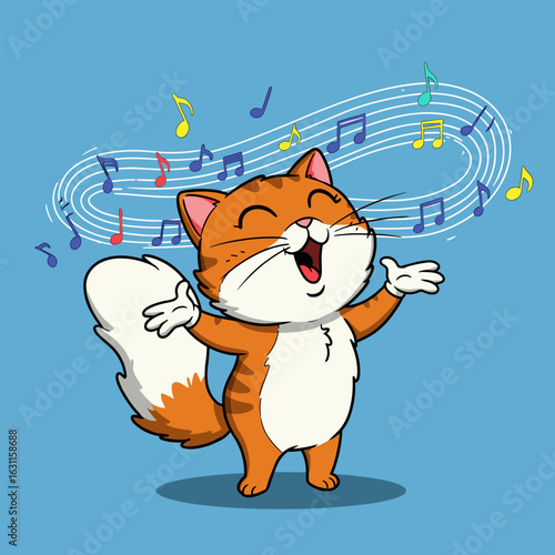 Joyful orange-white cat sings with closed eyes and raised paws, surrounded by musical notes and a swirling staff on a light blue background.