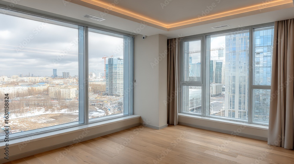 Fototapeta premium Modern Apartment Interior with Large Windows Offering City Views and Natural Light, Featuring Clean Lines and Wooden Floors