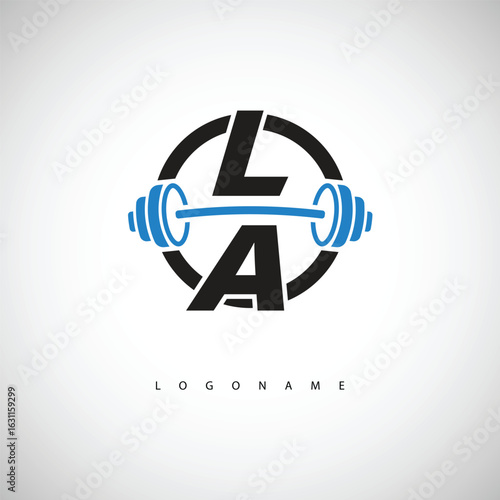 LA Fitness Logo with  Icon Creative Minimal Barbell symbol for Gym Branding. Active Lifestyle Identity Design