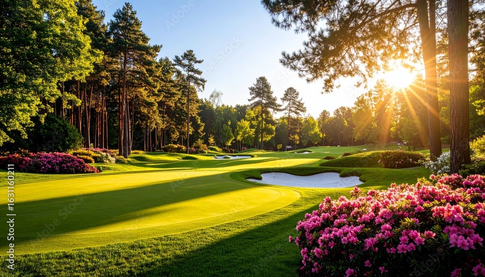 Fototapeta premium Sunlight shining through trees on the fairway of augusta golf club creating a peaceful atmosphere