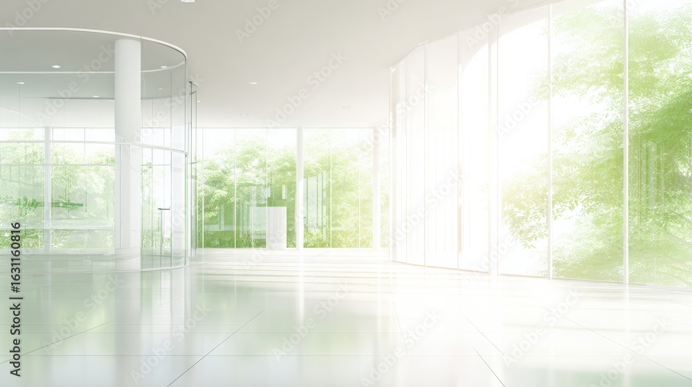 Fototapeta premium Bright Modern Lobby with Glass Walls and Greenery View, Interior Design, Empty Space