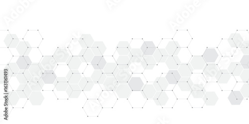 Molecular structure abstract tech background. Geometric white background. Vector banner design with hexagons. Science network pattern, connecting lines and dots Medical background, Vector illustration