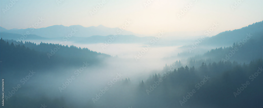 Dynamic diagonal lines of fog across a serene misty landscape, leading viewer's eye to distant mist-covered mountains. Dramatic early morning light enhances the sense of mystery and wonder. Shot with Dynamic diagonal lines of fog across a serene misty landscape, leading viewer's eye to distant mist-covered mountains. Dramatic early morning light enhances the sense of mystery and wonder. Shot with