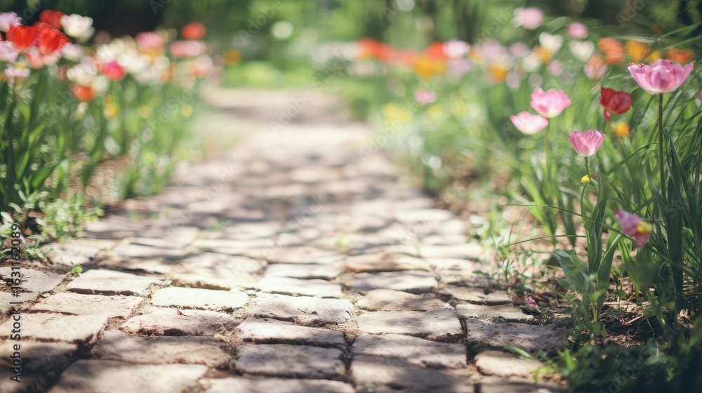Obraz premium Cobblestone pathway lined with colorful tulips.