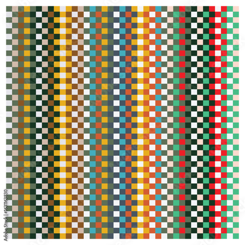 A vibrant, abstract pattern of alternating colored squares arranged in vertical stripes, showcasing a variety of hues and tones, seamless surface design.


