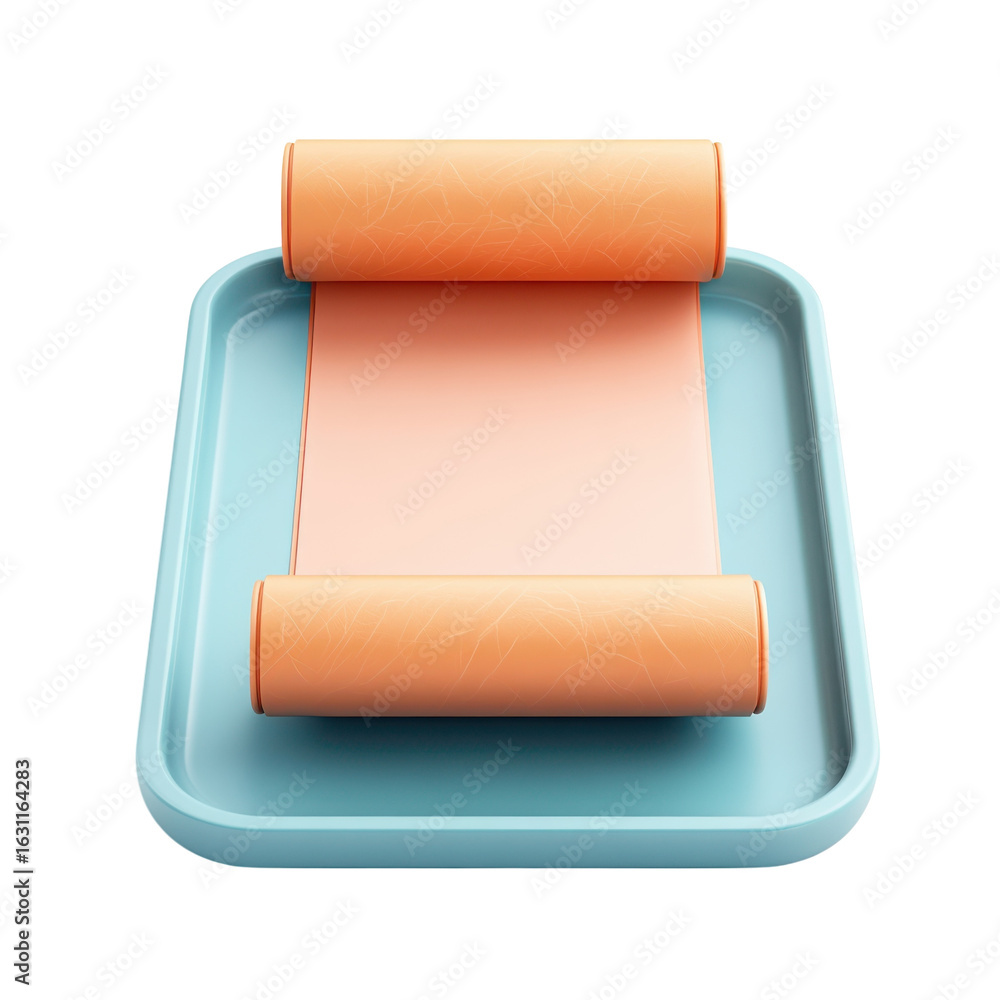 Obraz premium Rolled peach scroll on a blue tray, offering space for announcements, invitations on transparent background