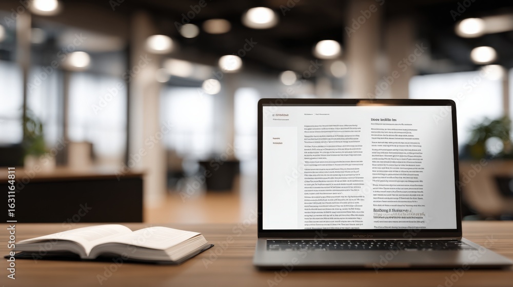 Obraz premium Laptop Displaying Text Document on Wooden Desk in Modern Office Setting with Book