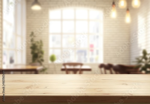 Empty light-brown wooden table in front of a blurred cafe interior