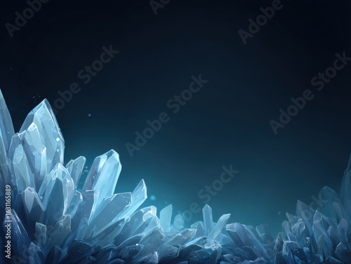 Abstract crystalline ice formations with transparent icy spikes on a dark gradient background