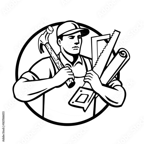 Mascot illustration of head of a handyman, tradesman, repairman, carpenter or craftsman with tools viewed from front set inside circle on isolated background done in retro black and white style.