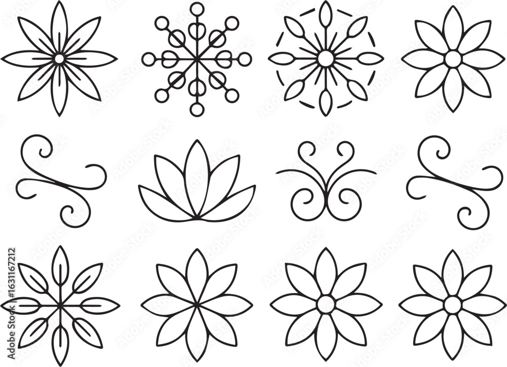 Fototapeta premium Floral and snowflake motifs with decorative swirls vector