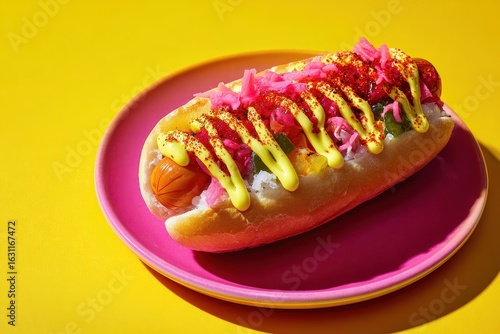 Gourmet Hot Dog on Pink Plate: Sausage, Pickled Onions, Mustard, and Bun on Yellow Background