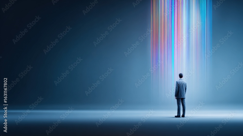 Fototapeta premium Man Contemplating Stream of Light: Abstract Representation of Innovation, Technology and the Future