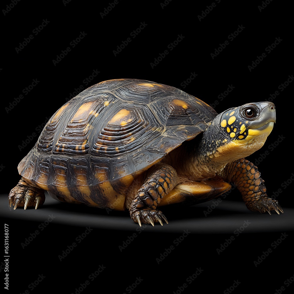 Obraz premium Eastern box turtle with yellow markings on black background