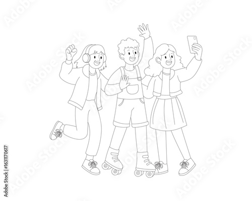 Minimalist line art of cheerful teenagers posing for a selfie, skating, and enjoying music. Perfect for youth lifestyle, friendship, and social content needs.