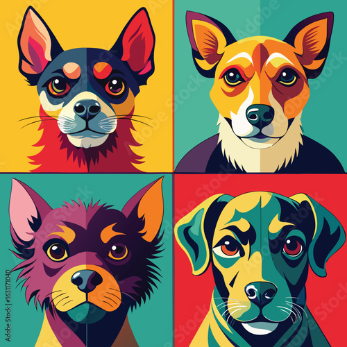 Pop Art Style Dog Portraits – Vector Set of Colourful Dog Faces