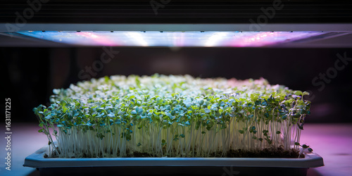 Indoor growth setup featuring LED lights above a thriving microgreens tray with vibrant green foliage