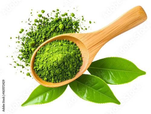 Top-Down View of Green Tea Powder in Wooden Spoon with Fresh Leaves, Minimalist Composition Transparent Background