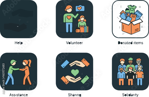 Social support icons community help charity donation illustration