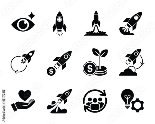 Entrepreneurship Solid Glyph Icons Startup, Rocket Launch, Ideas, Innovation and Business Growth Vector Set

