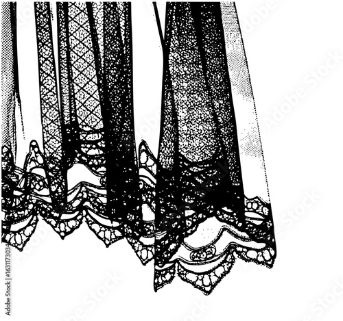 Vector Intricate lace curtains with decorative scalloped edges create a dramatic visual.