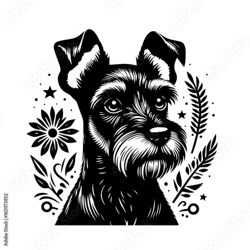 Detailed black and white drawing of a schnauzer dog isolated on white background