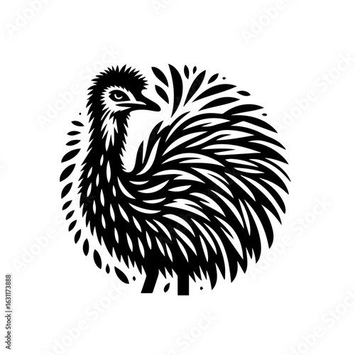 Detailed emu illustration with fluffy feathers isolated on white background