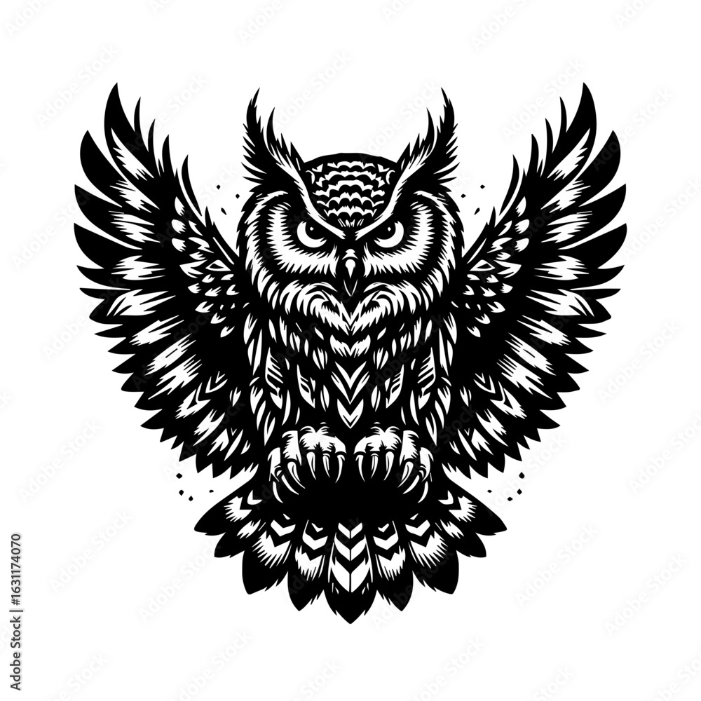 Obraz premium Detailed owl illustration with spread wings isolated on white background