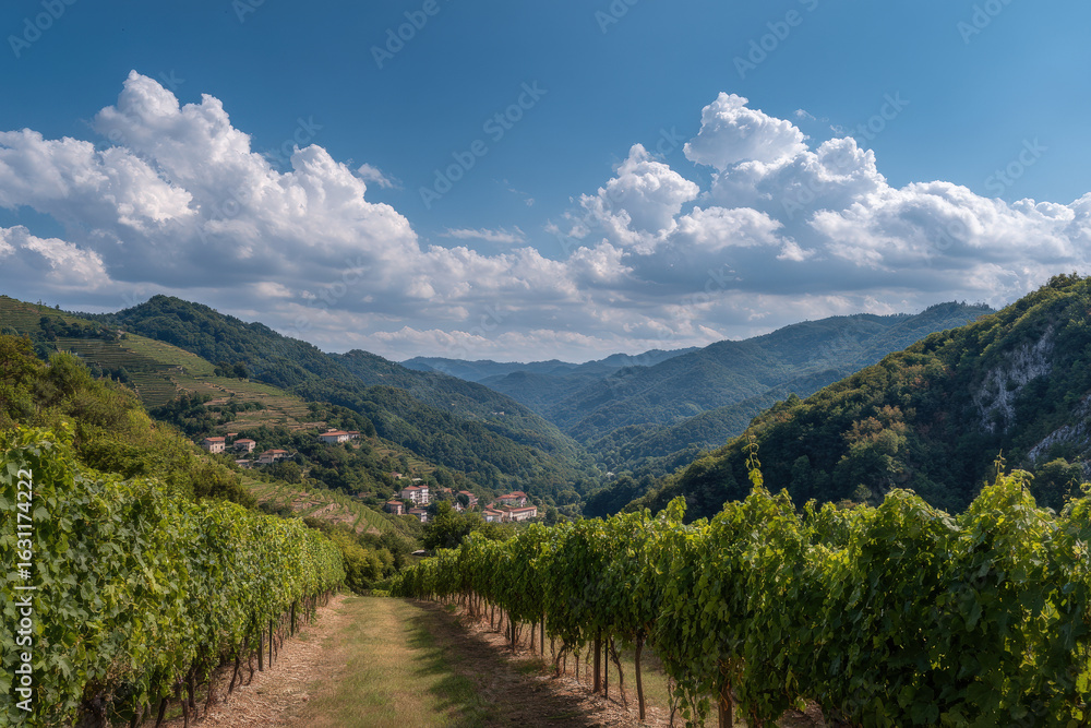 Naklejka premium sundrenched landscape of rolling vineyards encapsulates essence of italian life