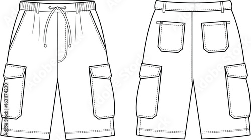 Front and back view of cargo shorts, technical drawing, elastic waistband, drawstring closure, flap pockets, stitching details, fashion sketch, garment design, apparel template.