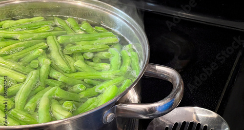Large Pot of Fresh Cut Green Beans Being Boiled