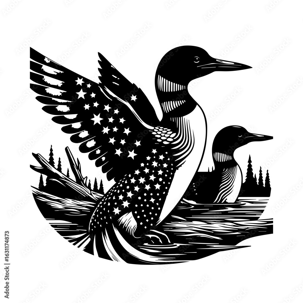Obraz premium Illustration of two loons swimming in water isolated on white background