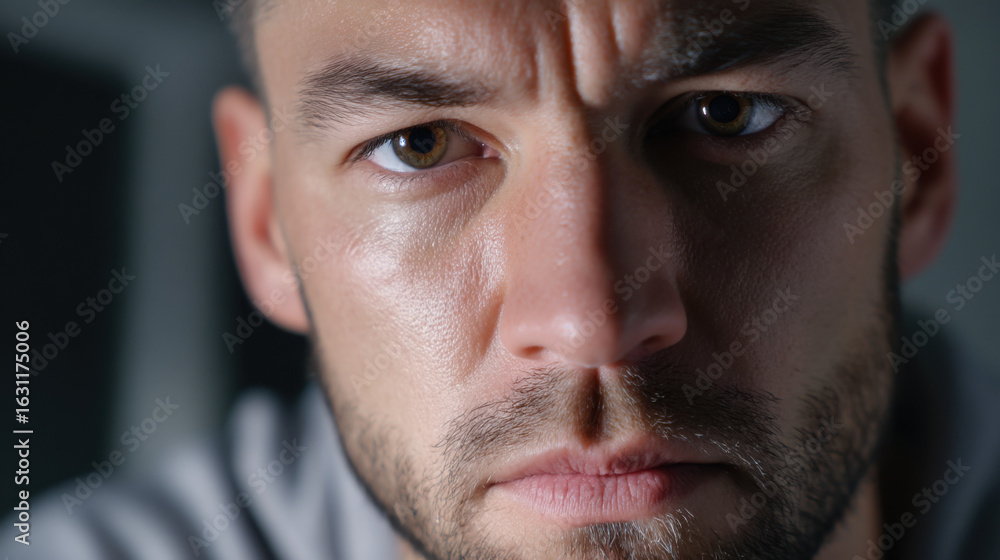 Fototapeta premium A close-up of a man with a serious expression, under a light that emphasizes the contours of his face. 